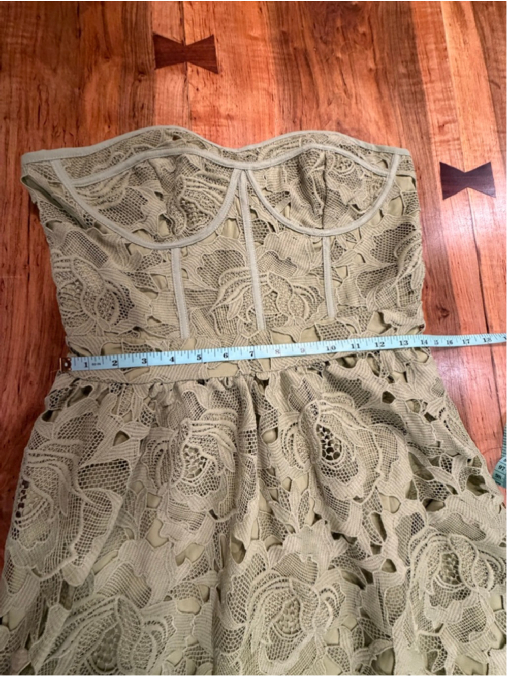 Glam Sage Green Lace Corset Maxi Dress Strapless Cutout Crochet Floral XL Summer - Picture 8 of 11